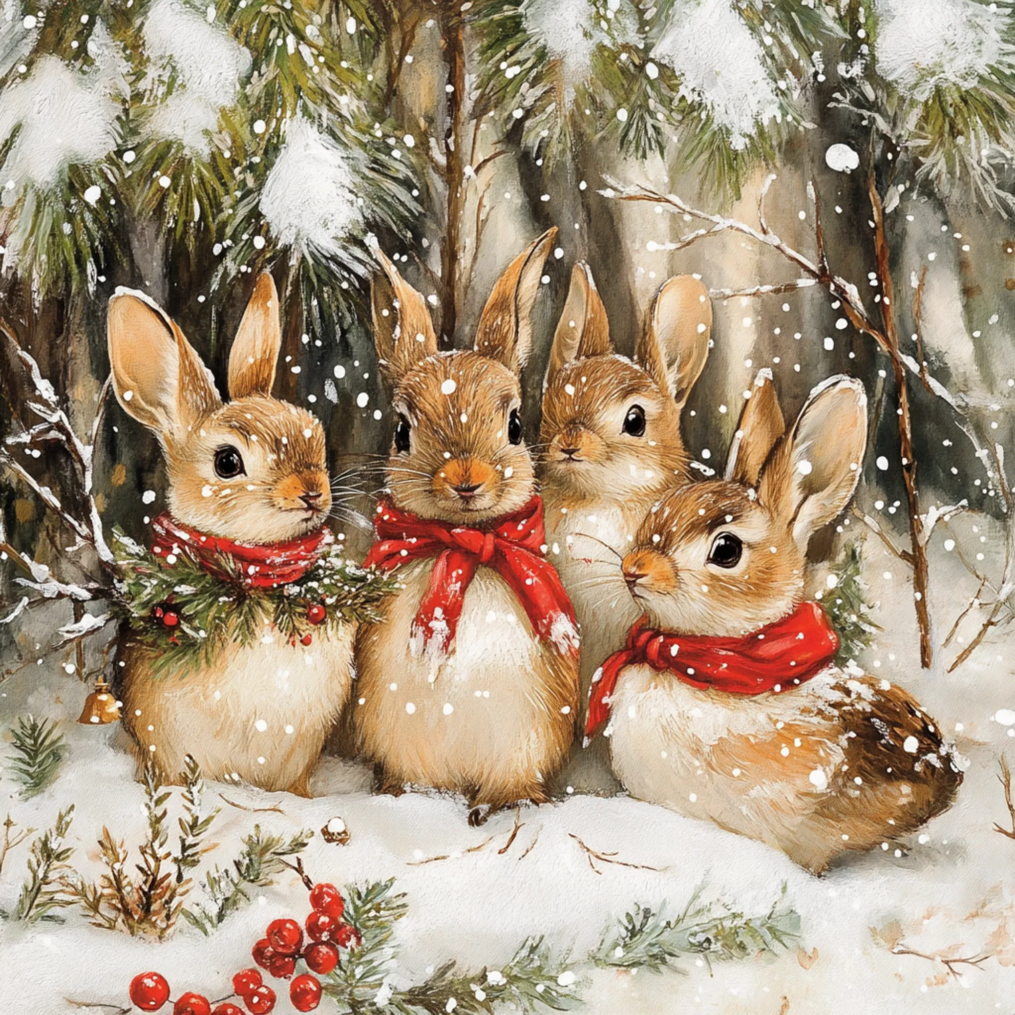 10" x 10" Winter Bunnies in Falling Snow Sign TTE-023