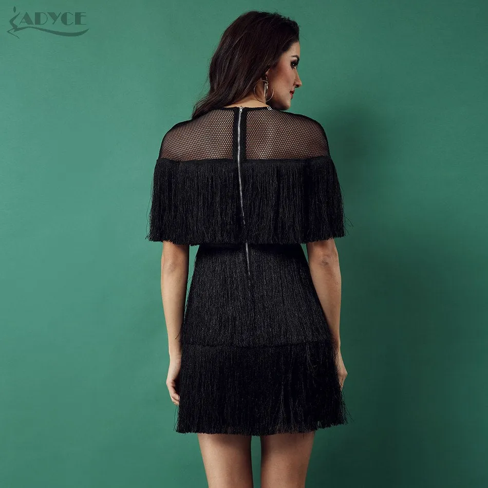 ADYCE Tassels Short Sleeve Mesh Sexy Hollow Out Fringe Celebrity Evening Party Dress - H3531