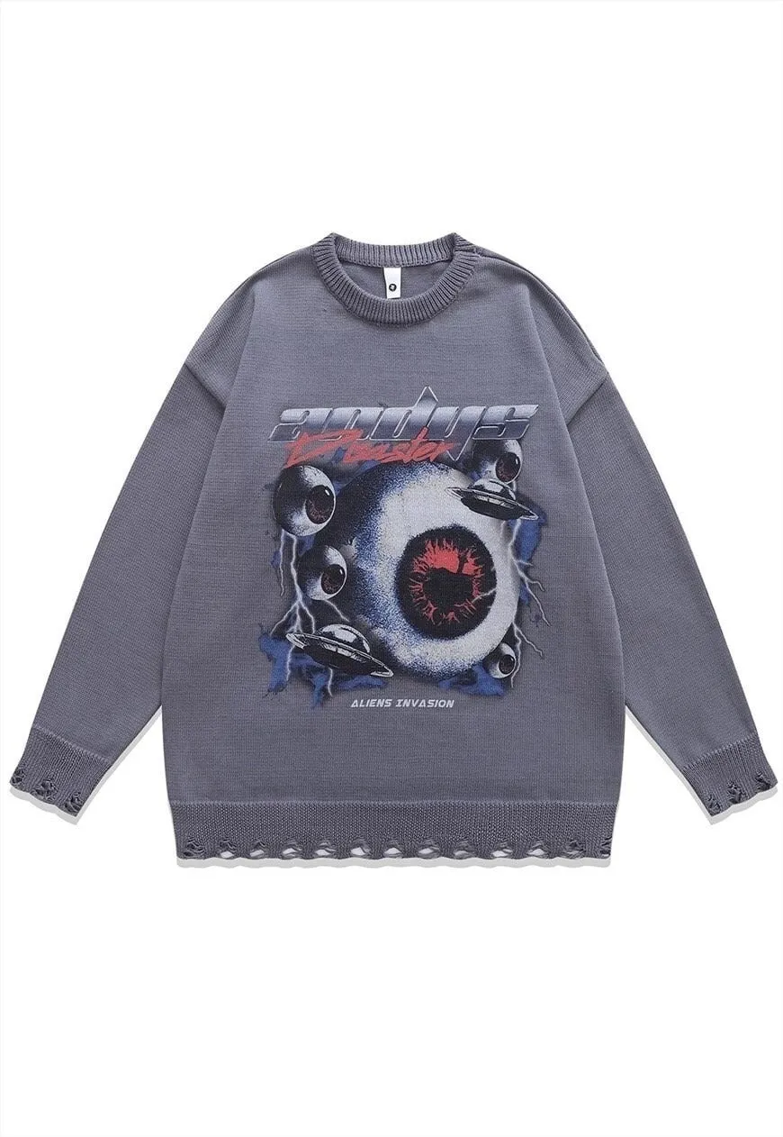 Alien sweater knitted distressed UFO print jumper in black