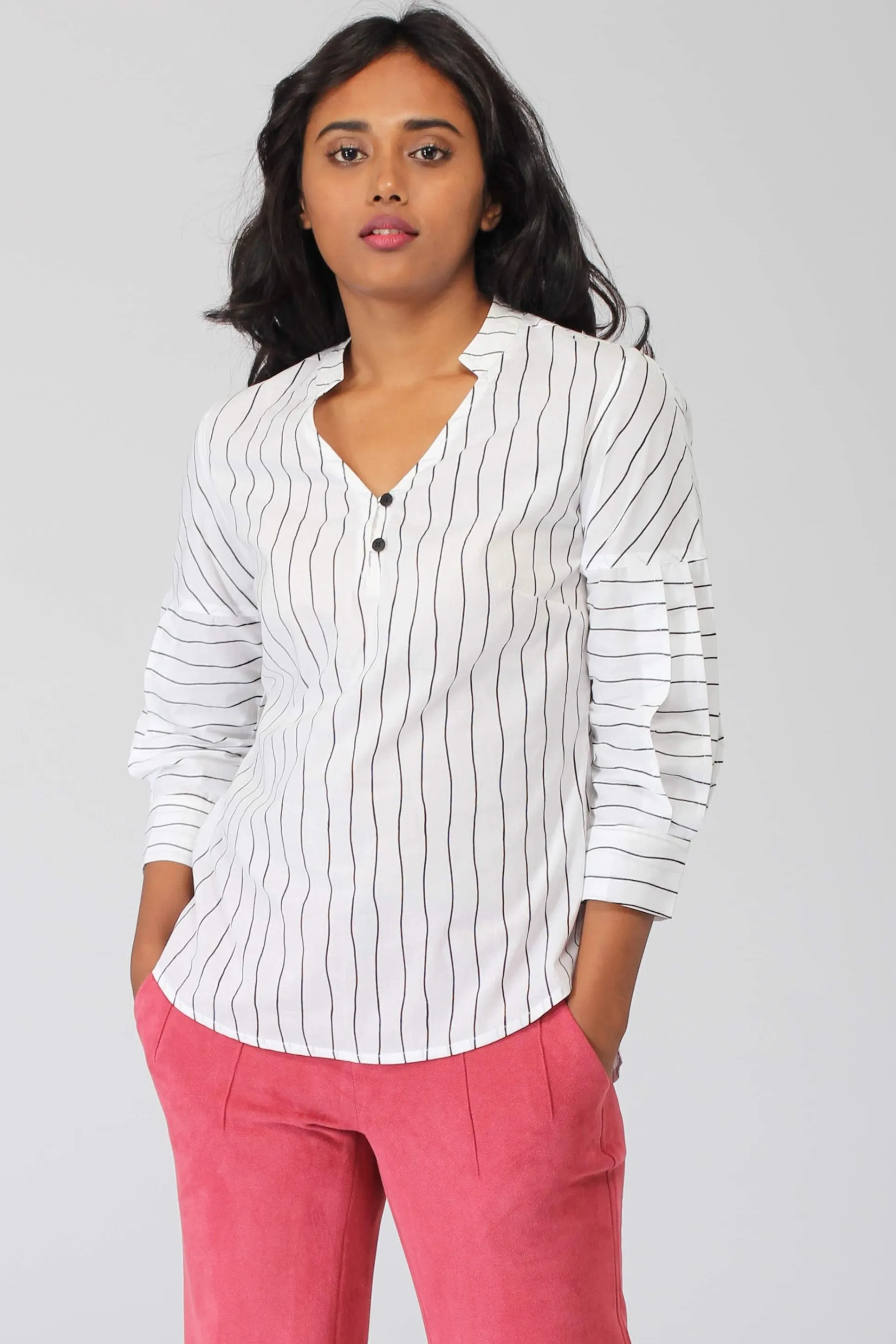 Aurora Cotton Top with Pleated Sleeve