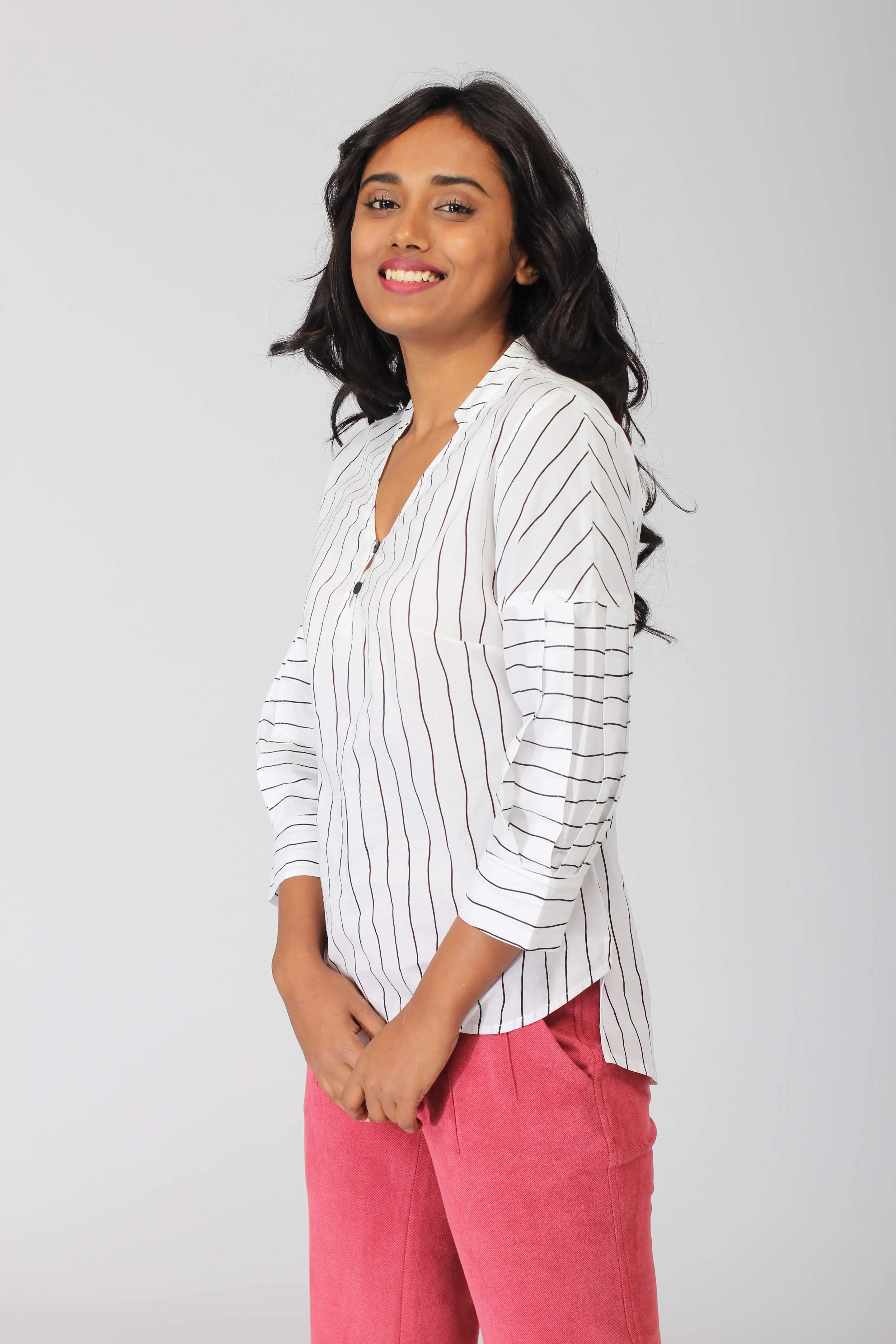 Aurora Cotton Top with Pleated Sleeve