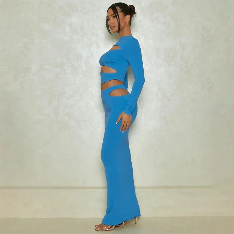 Autumn Winter Sexy Party Night Club Streetwear Cut Out Crop Top Long Skirt Sets Maxi Dress 2024