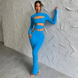 Autumn Winter Sexy Party Night Club Streetwear Cut Out Crop Top Long Skirt Sets Maxi Dress 2024