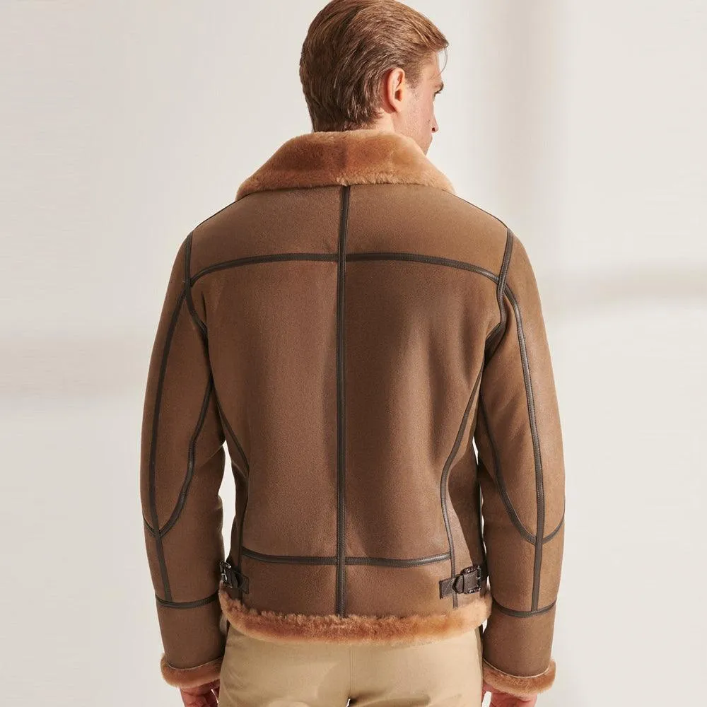 B3 Shearling Camel Brown Aviator Leather Jacket for Men