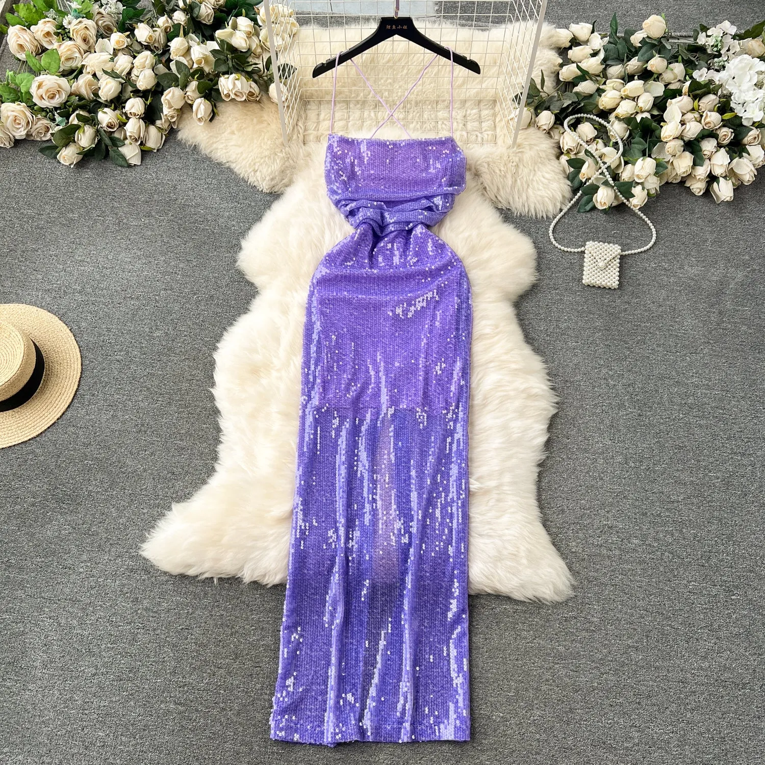 Backless Hollowed Sequin Slip Dress