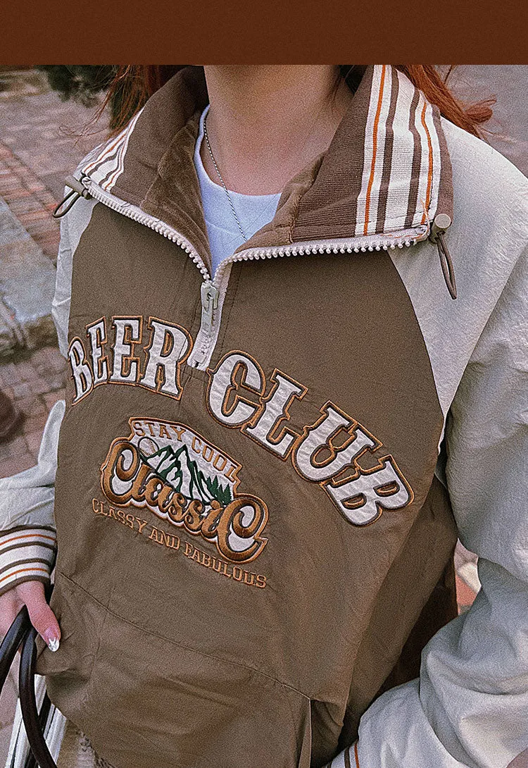 BEER CLUB Letter Embroidery Long Sleeve Zip Up Sweatshirt