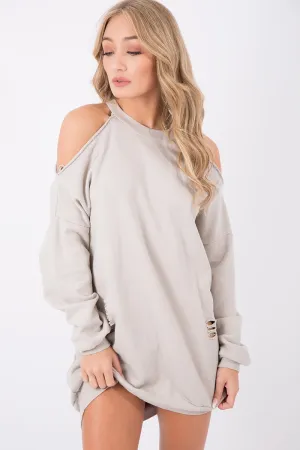 Beige Cold Shoulder Distressed Jumper Dress - Kylie