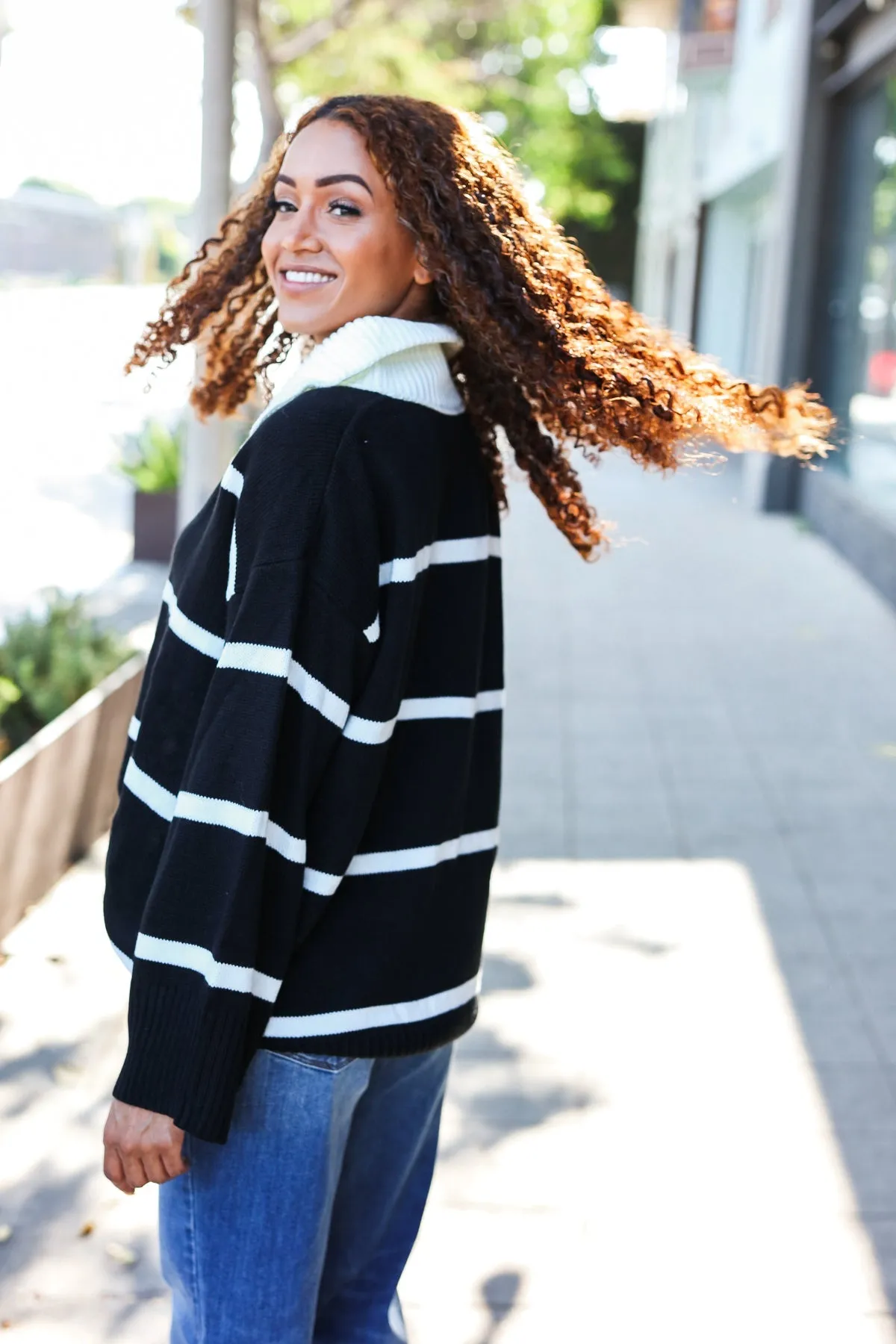 Black Stripe Notched Neck Collared Oversized Sweater