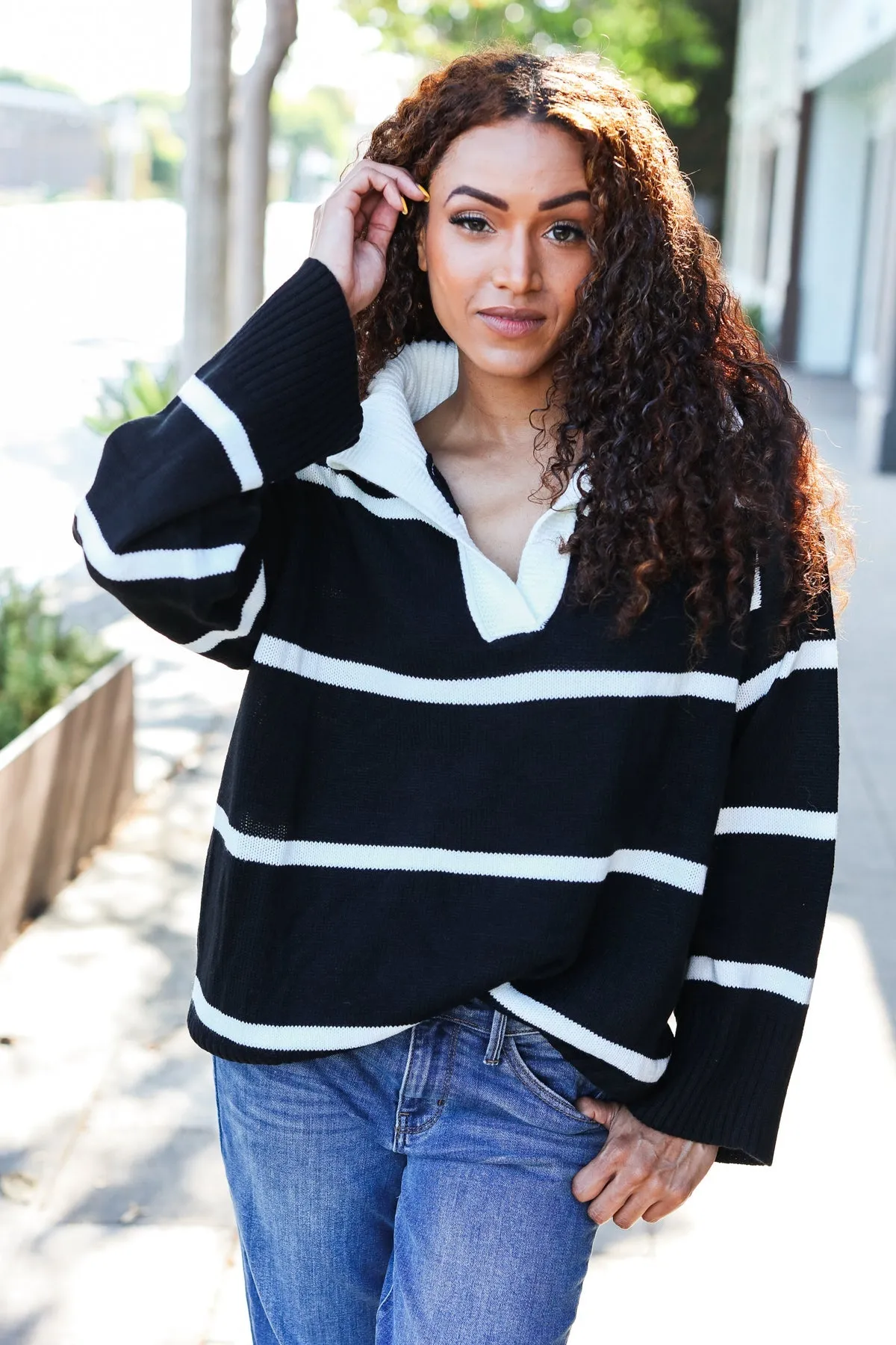 Black Stripe Notched Neck Collared Oversized Sweater