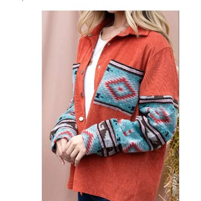 Blue and Rust Aztec Print Shacket