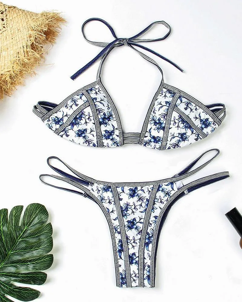 Blue and white porcelain Print Hollow-out Bikini