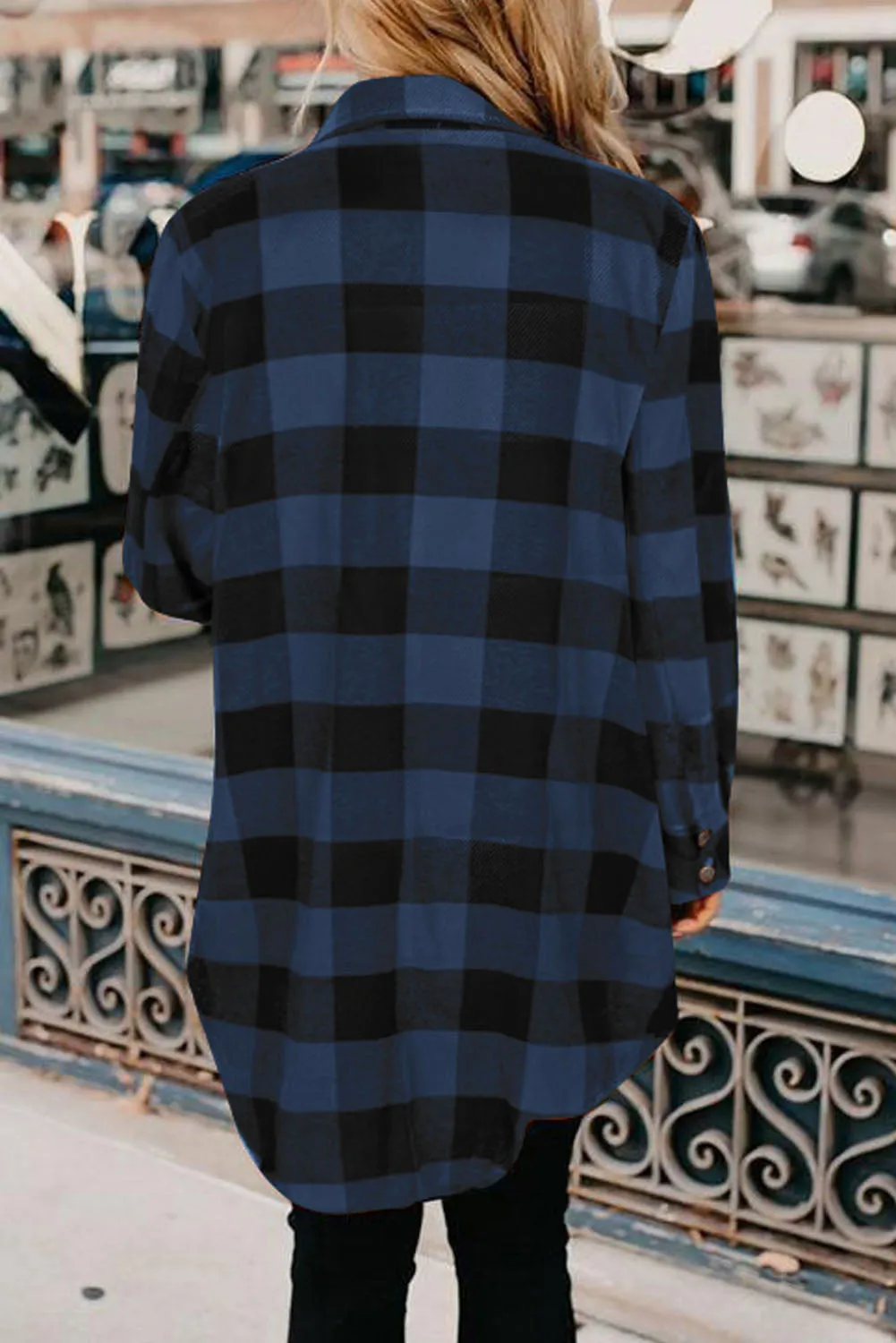 Blue Turn-down Collar Plaid Shirt Jacket