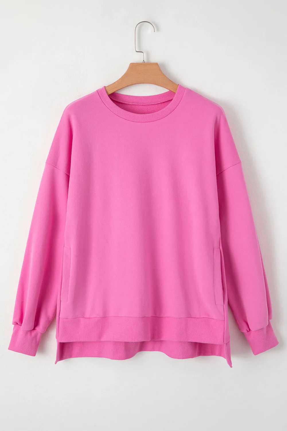 Bonbon Solid Fleece Lined Drop Shoulder High Low Sweatshirt