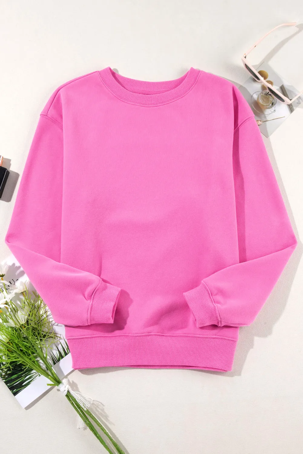 Bonbon Solid Fleece Lined Drop Shoulder Terry Sweatshirt