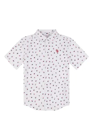 Boys Geo Print Short Sleeve Poplin Shirt in Bright White