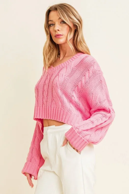 Cable Knit Cropped Sweater For Women Pink