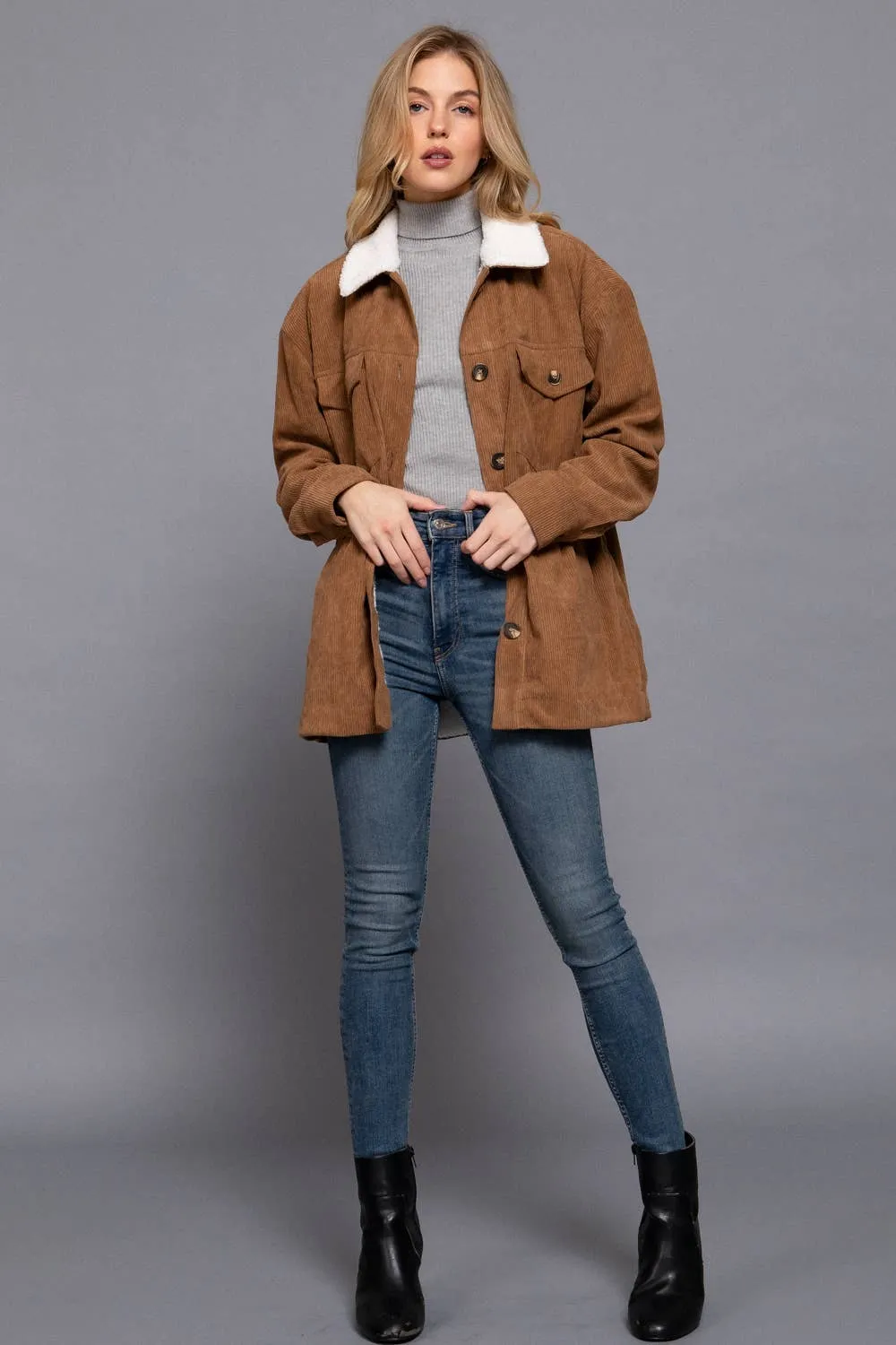 CAMEL FAUX FUR CORDUROY JACKET