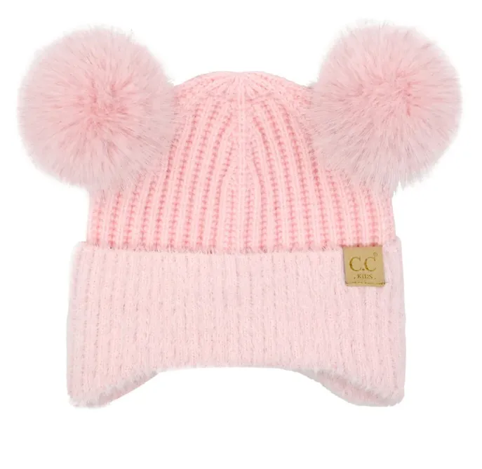 CC-Kids Faux Fur Earflap Double Pom Beanie