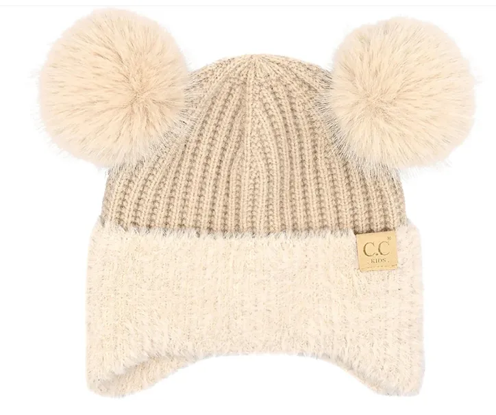 CC-Kids Faux Fur Earflap Double Pom Beanie