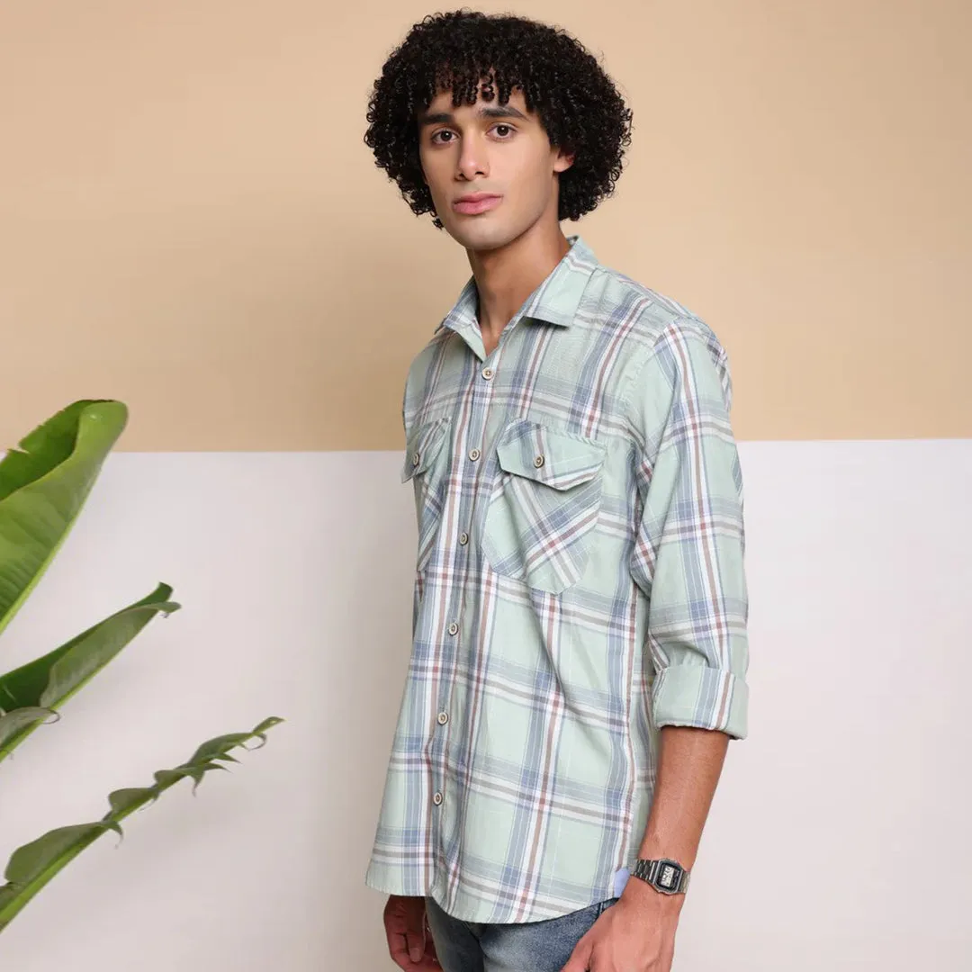 Check Regular Fit Cotton Shirt - Pista