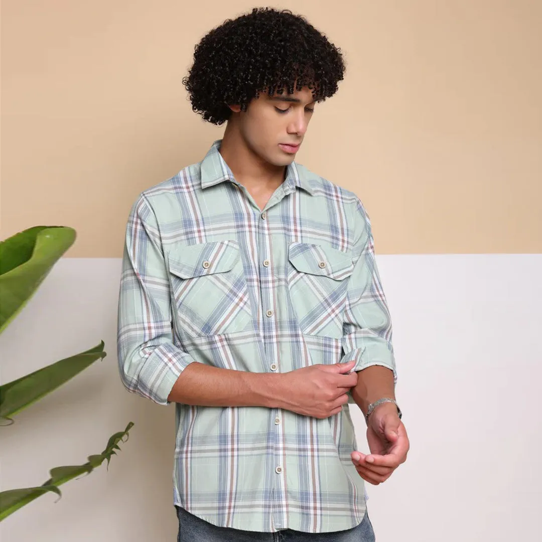 Check Regular Fit Cotton Shirt - Pista