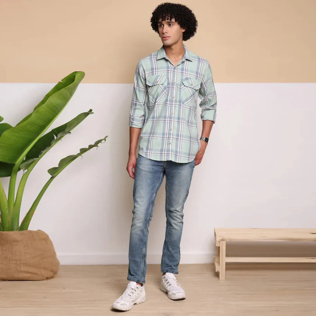 Check Regular Fit Cotton Shirt - Pista