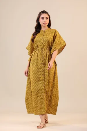 Checkered Dots on Mustard Front Buttoned Kaftan