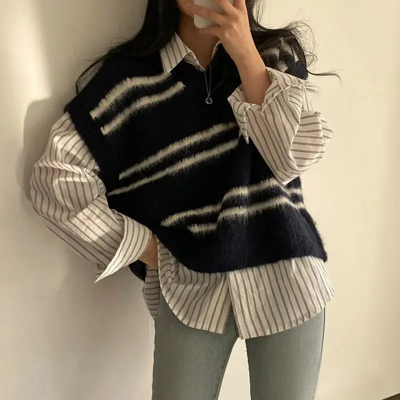 Contrast Colour Striped V-neck Wool Vest Loose Sweater