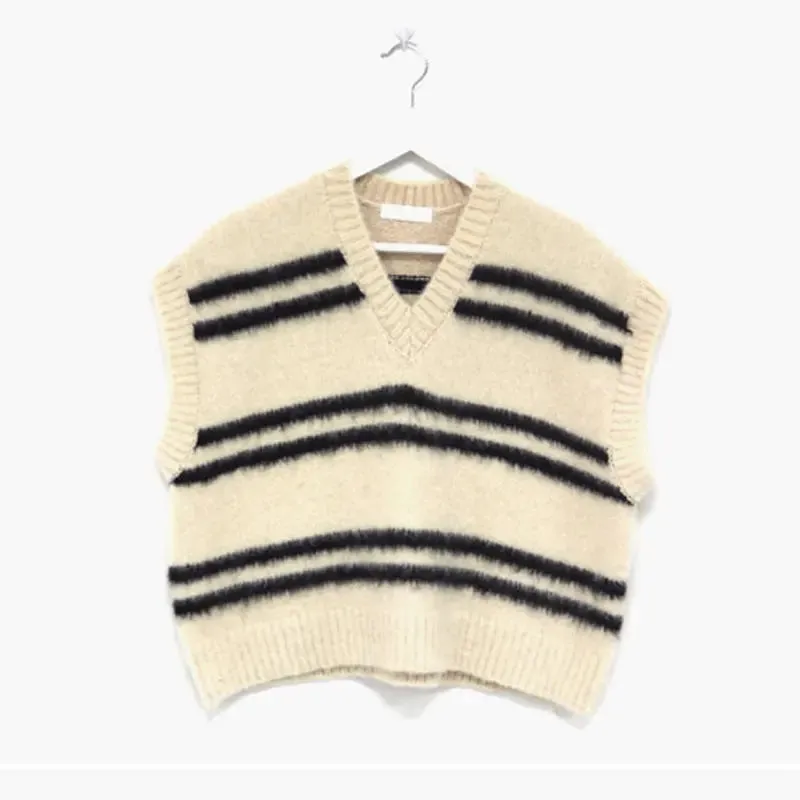 Contrast Colour Striped V-neck Wool Vest Loose Sweater