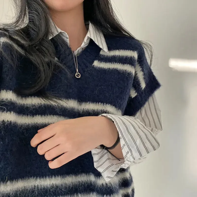 Contrast Colour Striped V-neck Wool Vest Loose Sweater