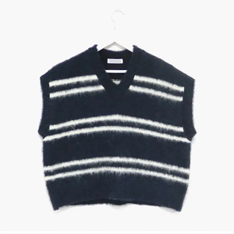 Contrast Colour Striped V-neck Wool Vest Loose Sweater