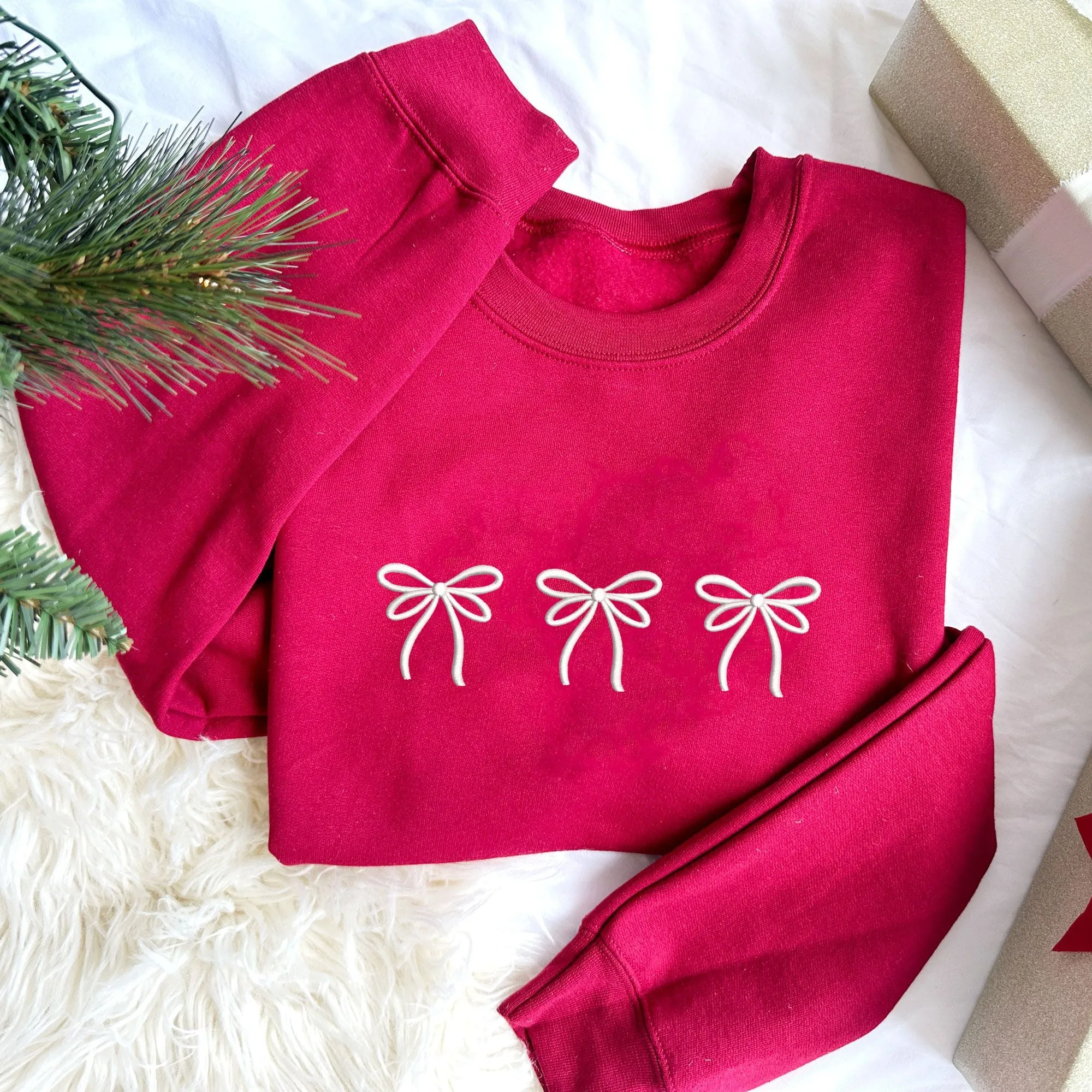 Coquette Christmas Ribbon Bow Embroidered Crewneck Sweatshirt