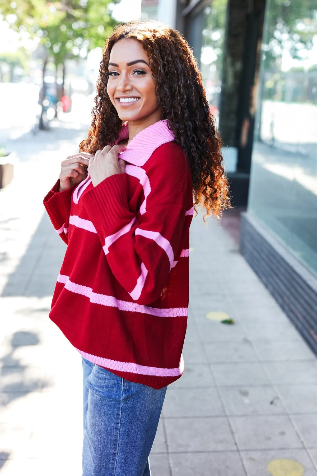 Crimson Stripe Notched Neck Collared Oversized Sweater