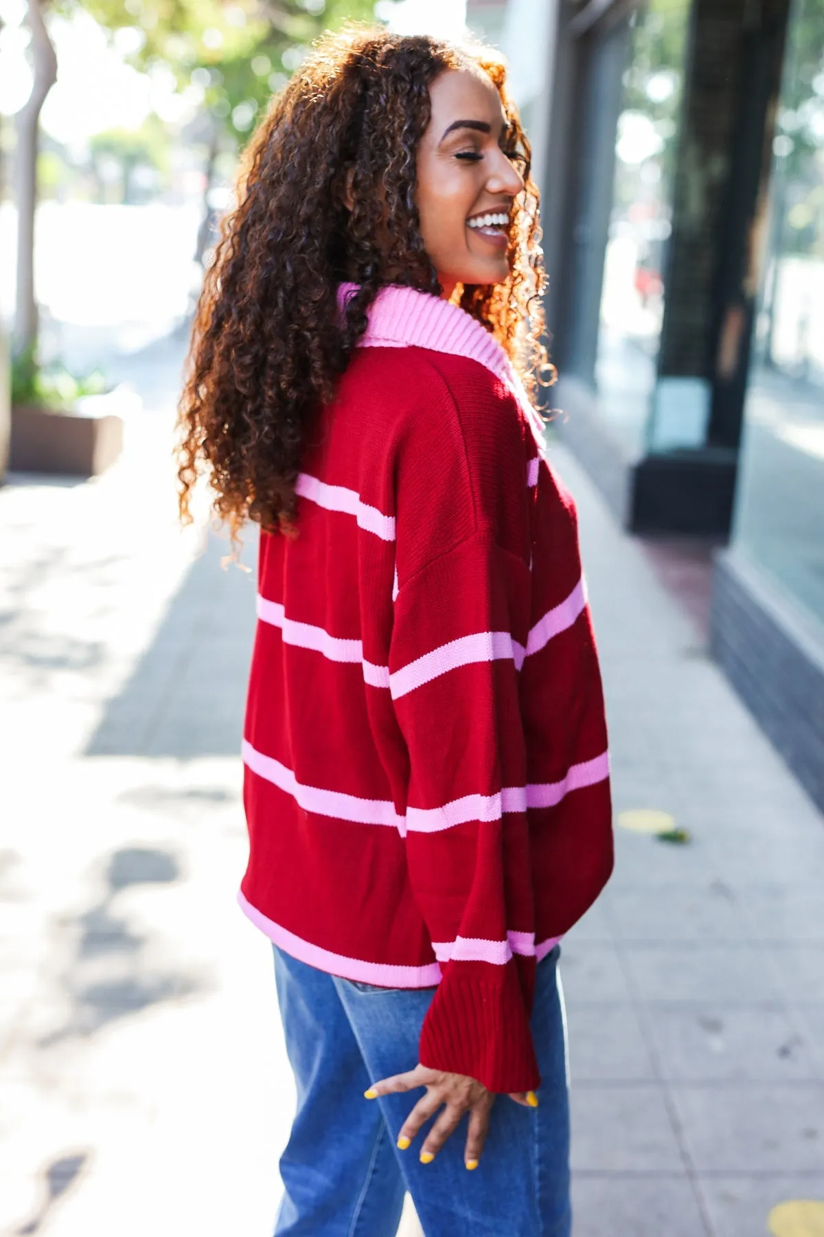 Crimson Stripe Notched Neck Collared Oversized Sweater