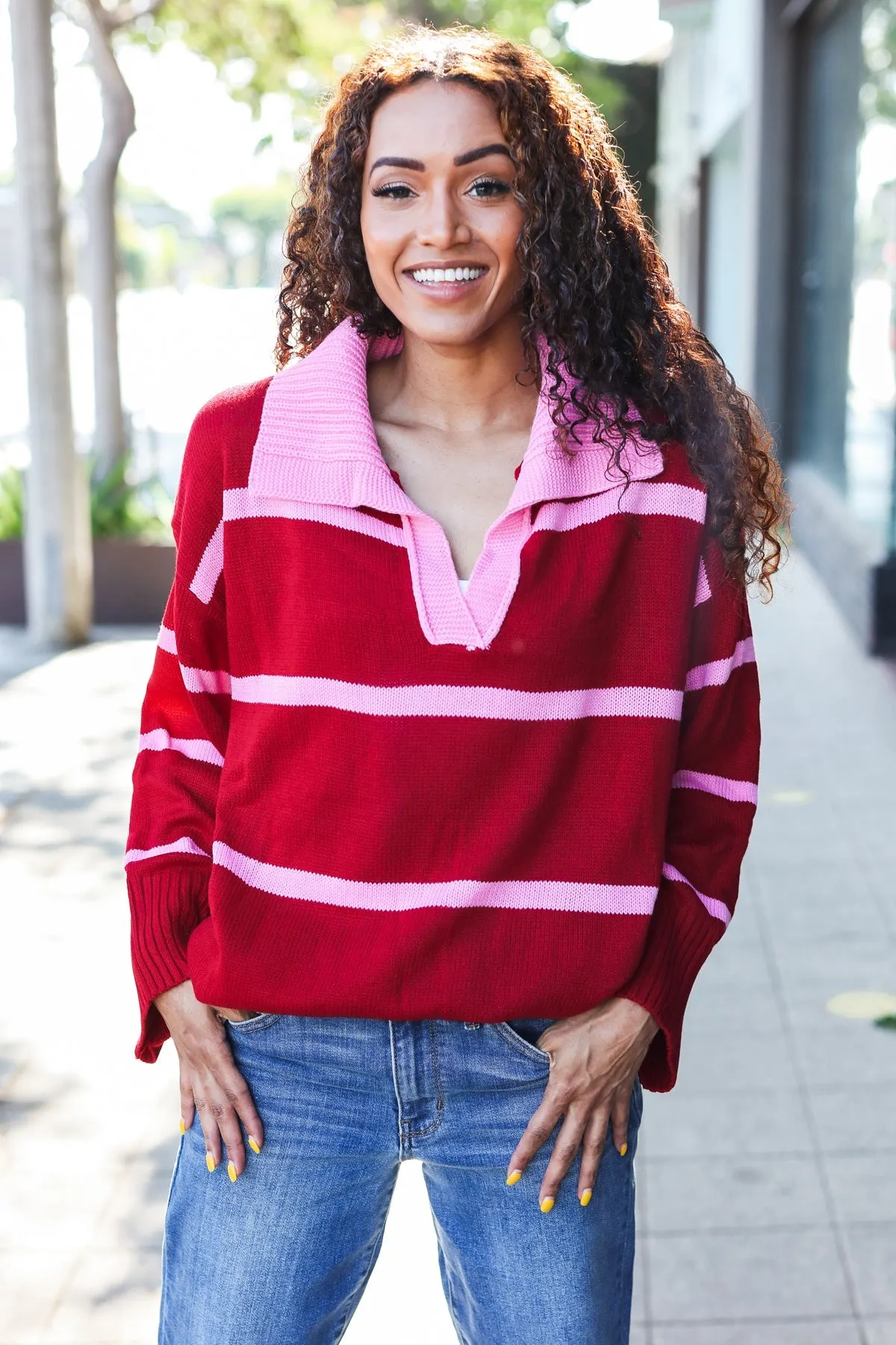 Crimson Stripe Notched Neck Collared Oversized Sweater