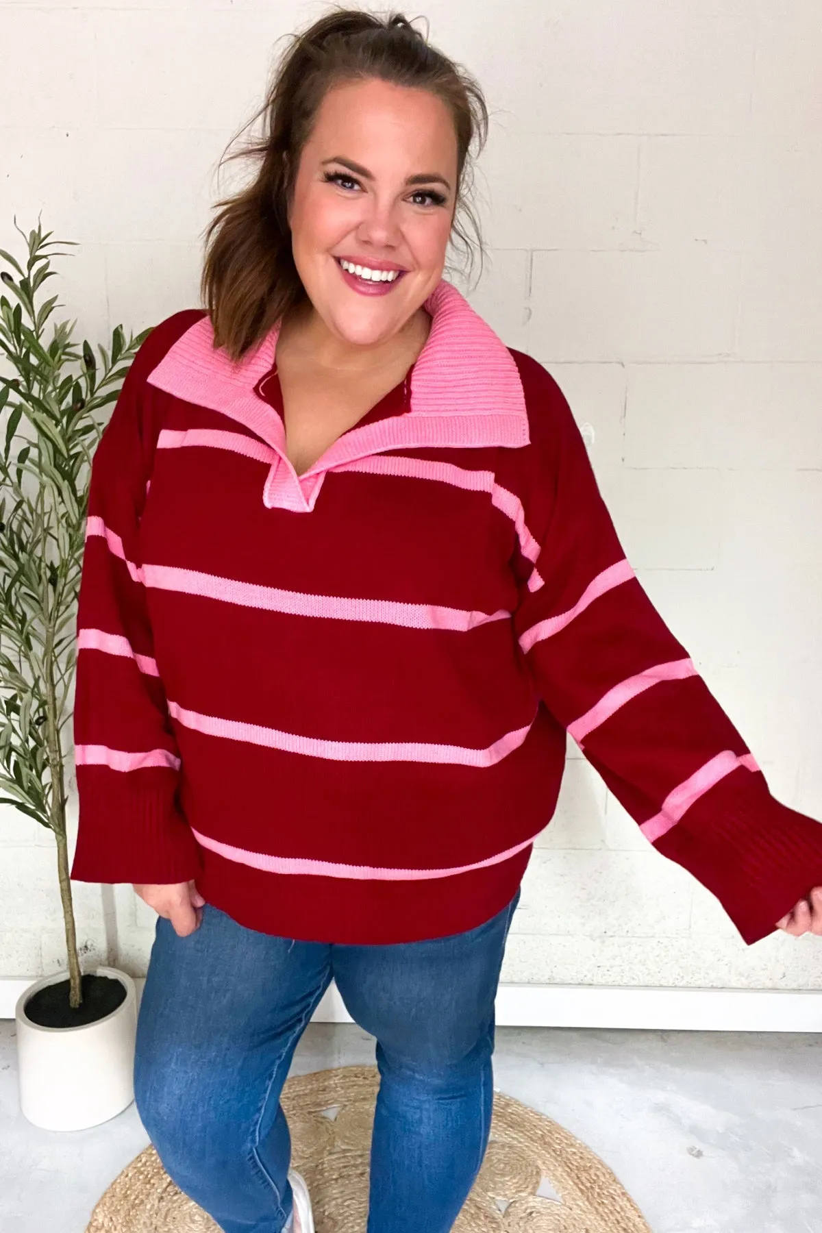 Crimson Stripe Notched Neck Collared Oversized Sweater