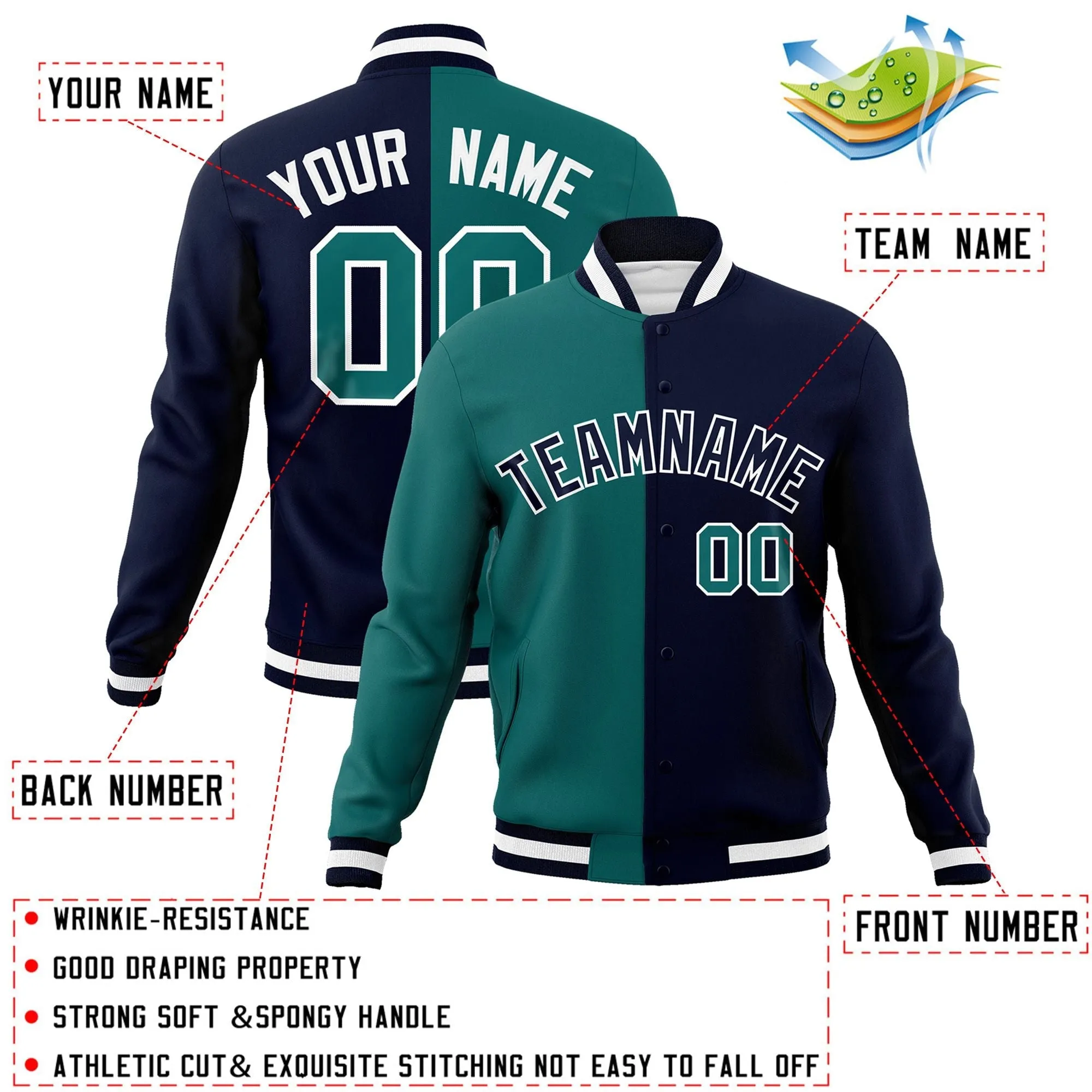 Custom Aqua Navy-Black Varsity Full-Snap Letterman Two Tone Split Fashion Jacket