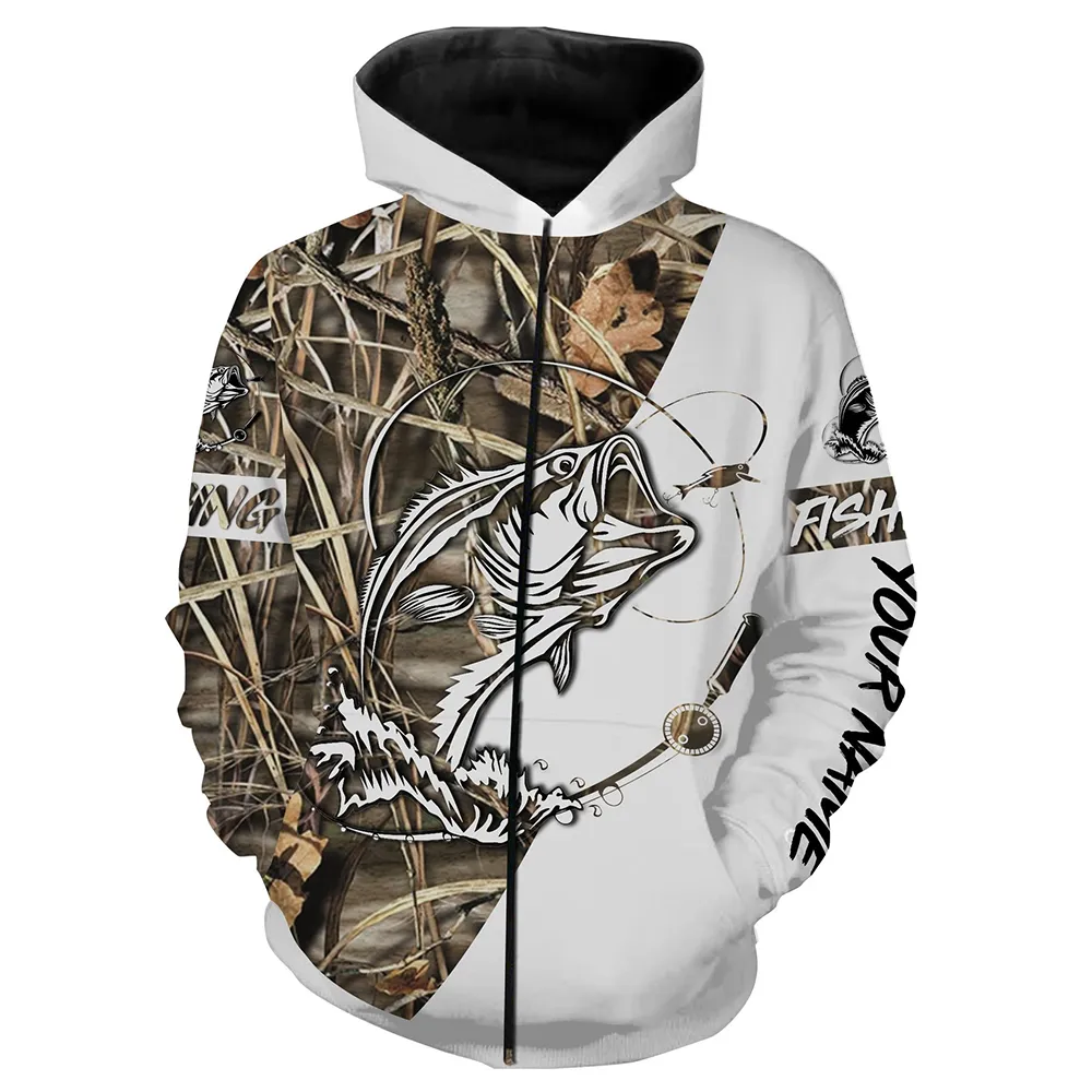 Custom Camo Bass Fishing Shirts All Over Printed Hoodie, Zip Up Hoodie, Gift for Fishing Lover