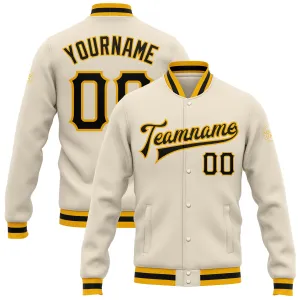 Custom Cream Black-Gold Bomber Full-Snap Varsity Letterman Jacket