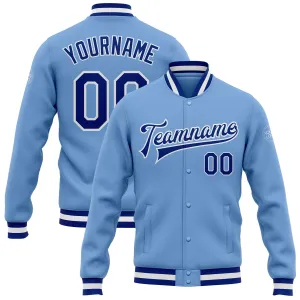 Custom Light Blue Royal-White Bomber Full-Snap Varsity Letterman Jacket