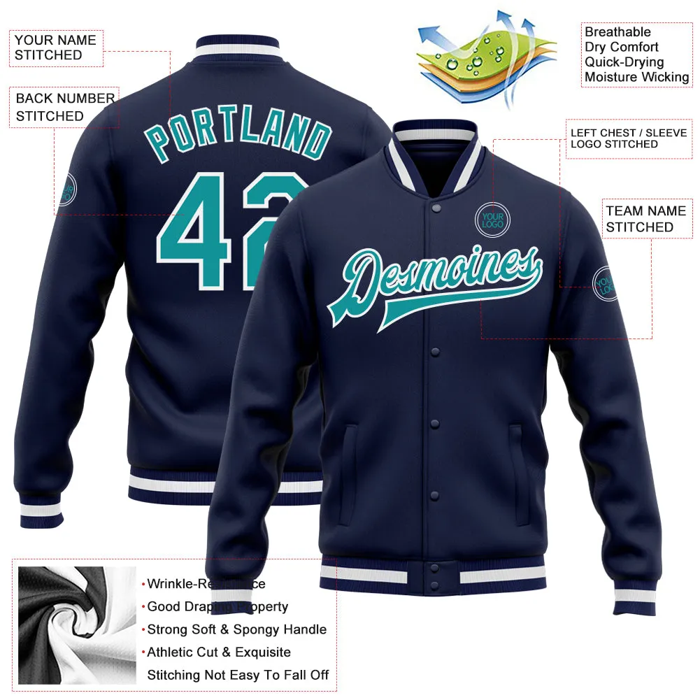 Custom Navy Aqua-White Bomber Full-Snap Varsity Letterman Jacket