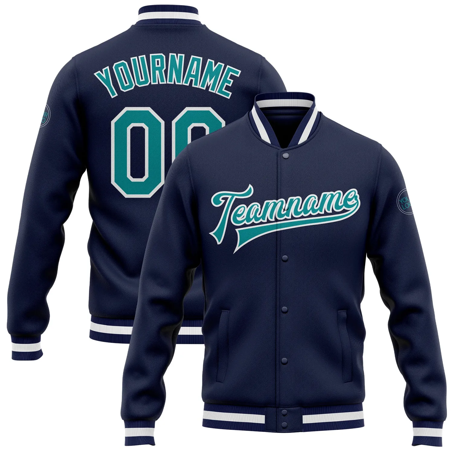 Custom Navy Aqua-White Bomber Full-Snap Varsity Letterman Jacket