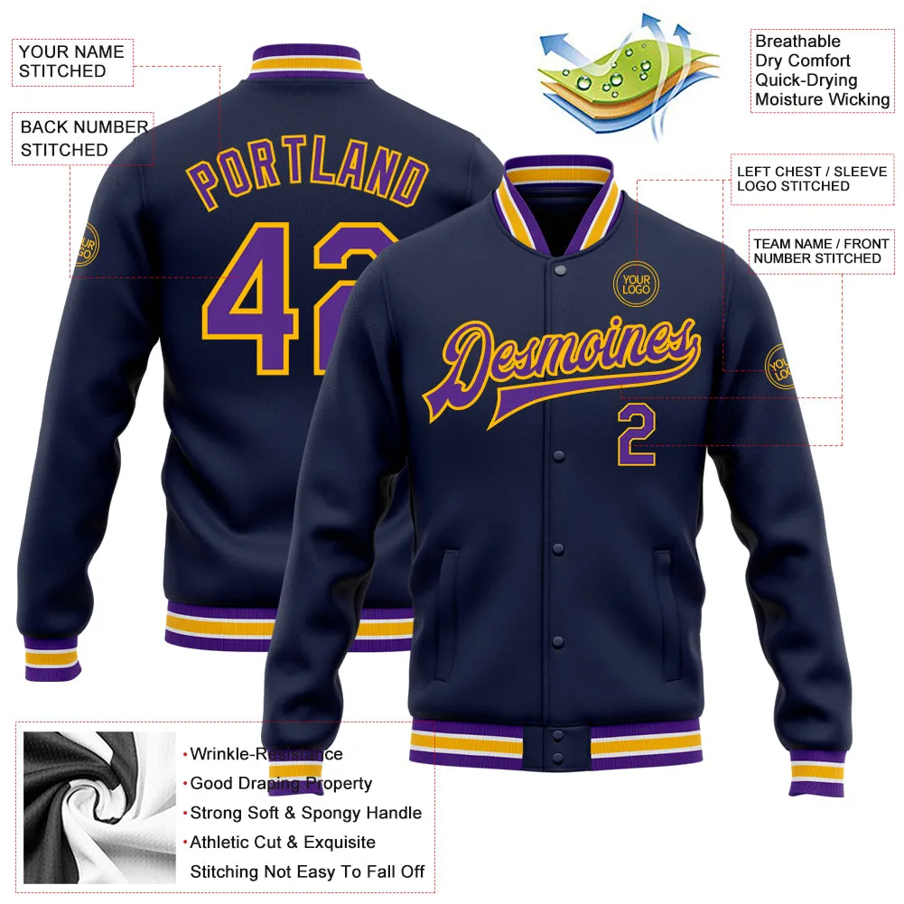 Custom Navy Purple-Gold Bomber Full-Snap Varsity Letterman Jacket