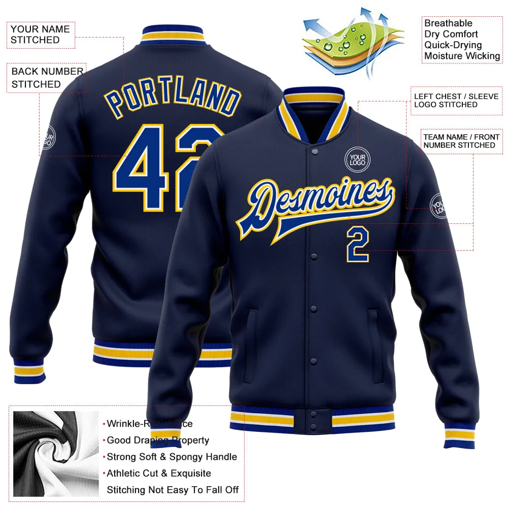 Custom Navy Royal-Yellow Bomber Full-Snap Varsity Letterman Jacket