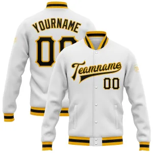 Custom White Black-Gold Bomber Full-Snap Varsity Letterman Jacket