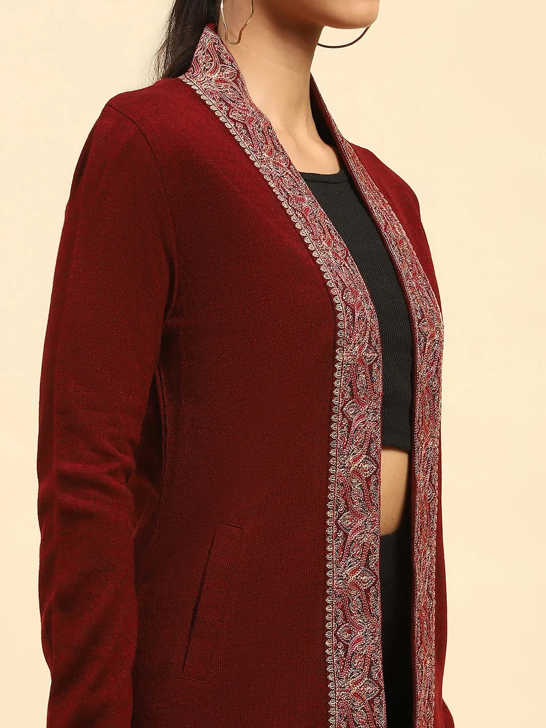 Dark Maroon WoolenThread Embroidered Front Open Ethnic Shrug