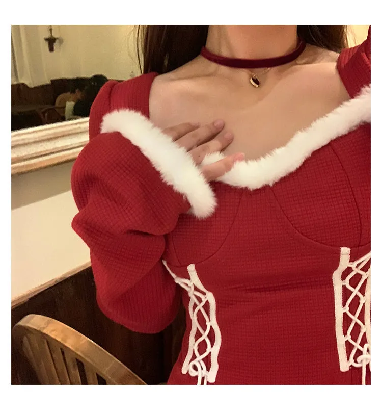 deanwangkt  Winter Sweet Christmas Dress Women Red Kawaii Lolita Party Mini Dresses Warm Korean Night Dresses Ladies Festival Clothing