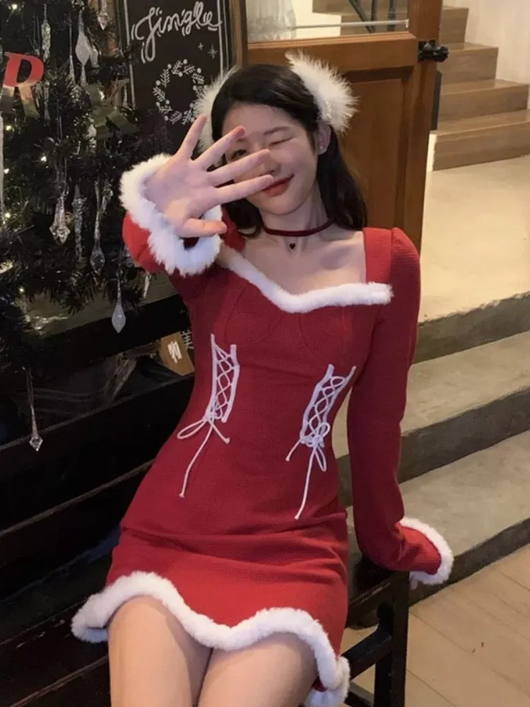 deanwangkt  Winter Sweet Christmas Dress Women Red Kawaii Lolita Party Mini Dresses Warm Korean Night Dresses Ladies Festival Clothing