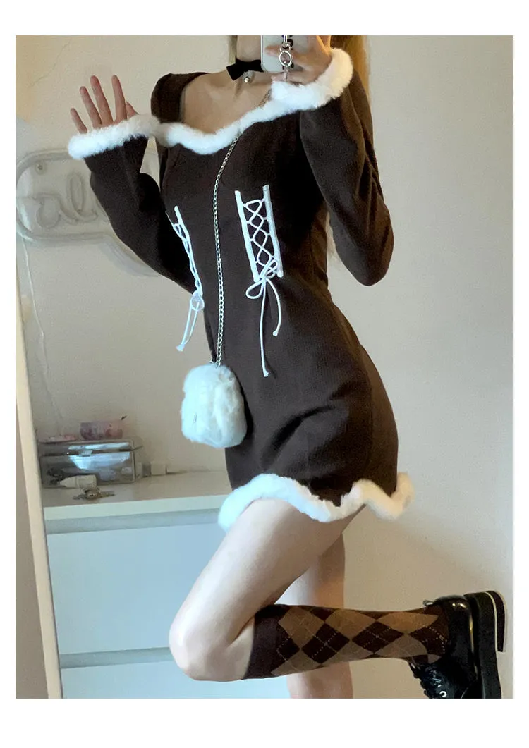 deanwangkt  Winter Sweet Christmas Dress Women Red Kawaii Lolita Party Mini Dresses Warm Korean Night Dresses Ladies Festival Clothing