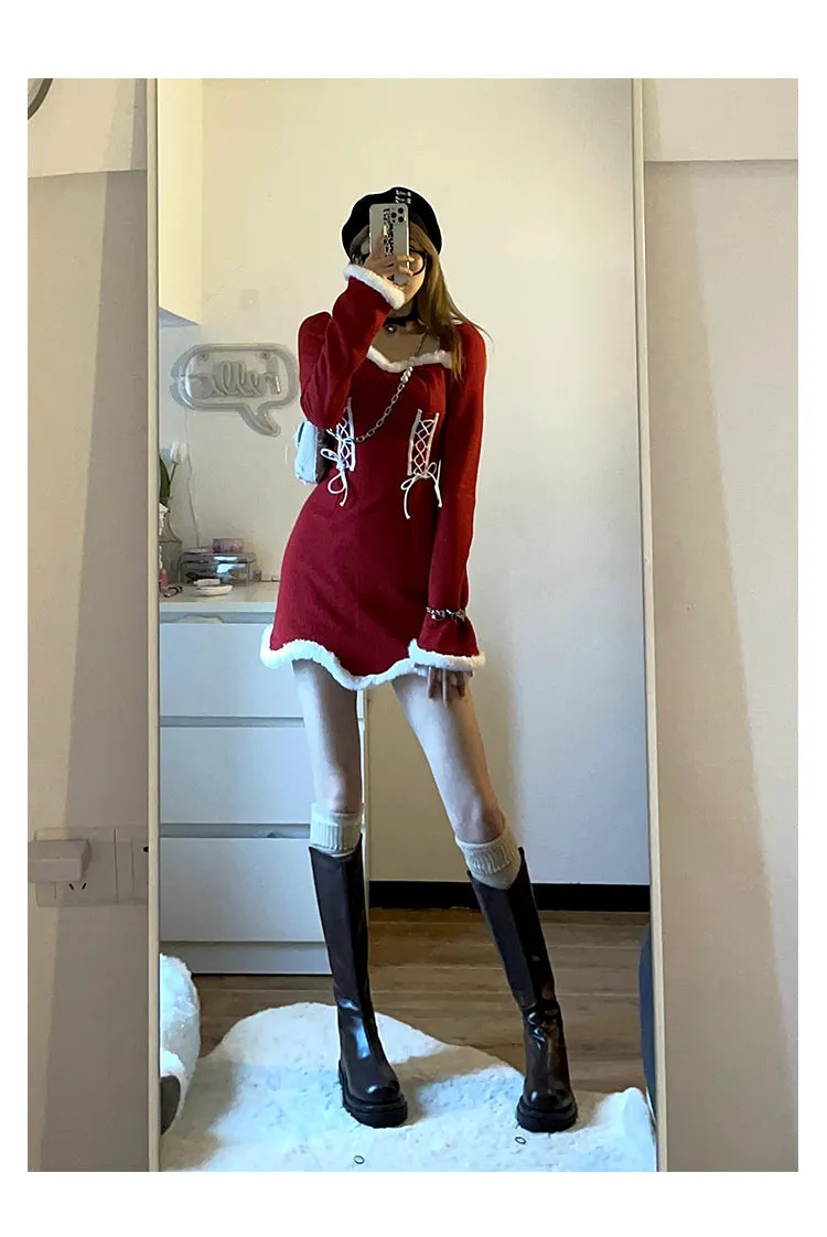 deanwangkt  Winter Sweet Christmas Dress Women Red Kawaii Lolita Party Mini Dresses Warm Korean Night Dresses Ladies Festival Clothing